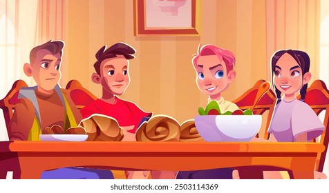 Teenager friends sitting at dinner table with salad in bowl and fresh baked croissant pastries in home room interior. Cartoon vector illustration of teen boys and girl having breakfast or lunch.