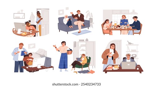 Teenager gadget addiction concept. Concerned parents, teen children with mobile phones, computer. Digital screen time, bad habit, dependence. Flat vector illustration isolated on white background