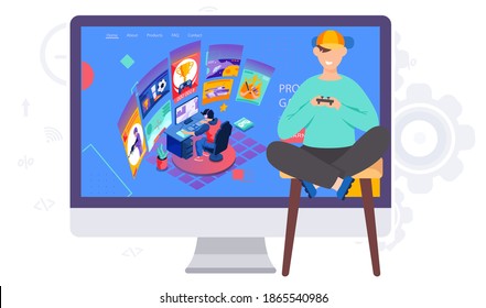 A teenager with a gamepad in his hands participates in an online tournament in a video game. The player watches the online competition and repeats the participants. Illustration of an esports match