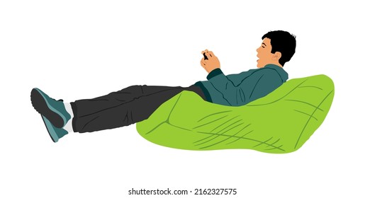 Teenager gamer boy playing video game and watching screen monitor vector illustration isolated on white background. Kid with joystick on lazy bed enjoying. Children entertainment. 