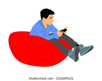 Teenager gamer boy playing video game and watching screen monitor vector illustration isolated on white background. Kid with joystick on lazy bed enjoying. Children entertainment. 