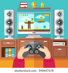 Teenager gaming video game with gamepad and play and entertainment station vector illustration