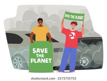 Teenager generation z cartoon characters fighting to save planet standing on street in car smoke vector illustration. Teen children activists holding placard participating in eco demonstration meeting
