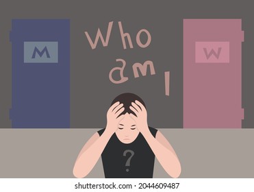 The teenager gets upset because he can't figure out what gender he is. Concept of choice gender confusion or dysphoria. A person of indeterminate gender cannot choose a toilet door: female or male?