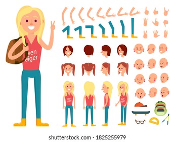 Teenager girl animation set. Isolated cartoon girl person face emotion, body part, head, hand gesture, arm, leg constructor collection. Teenager animation creation vector illustration