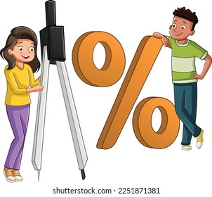 Muchacha adolescente con brújula grande y niño negro con símbolo de gran porcentaje. Adolescentes de dibujos animados con figuras matemáticas.