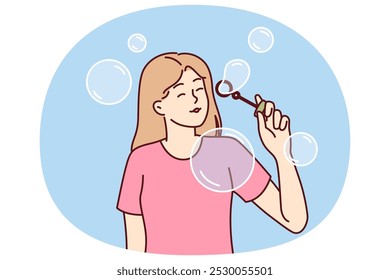 Teenager girl blows soap bubbles enjoying presence free time and absence of urgent matters. Carefree schoolgirl teen stands among soap bubbles and is too lazy to do extracurricular work