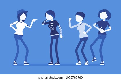 Teenager girl bullying and reaction. Youth abuse and mistreatment in social behaviour, psychological harm, three types to response, school children problems. Vector illustration, faceless characters