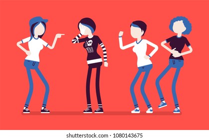 Teenager girl bullying and reaction. Youth abuse and mistreatment in social behaviour, psychological harm, three types to response, school children problems. Vector illustration, faceless characters