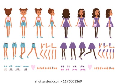 Teenager girl character constructor, creation set. Full length front, back and side view. Body parts and collection of shoes. Flat vector illustration