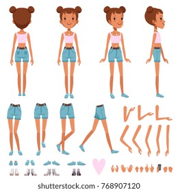 Teenager girl character constructor, creation set. Full length front, back and side view. Body parts and collection of shoes. Flat vector illustration