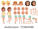 Teenager girl character creation set with various views, poses, face emotions, hands gestures and haircuts. Female character full length portrait. Isolated flat vector