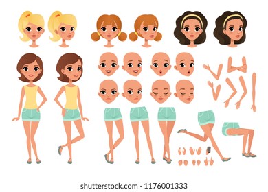 Teenager Girl Character Creation Set With Various Views, Poses, Face Emotions, Hands Gestures And Haircuts. Female Character Full Length Portrait. Isolated Flat Vector