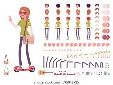 Teenager girl character creation set. Full length, different views, emotions, gestures, isolated against white background. Build your own design. Vector illustration