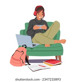 Teenager Girl Character With Gadget Addiction Chats Incessantly, Glued To Their Device, Losing Track Of Time, And Showing Signs Of Dependency. Cartoon People Vector Illustration