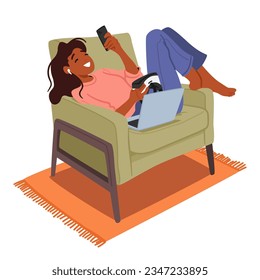 Teenager Girl Character With Gadget Addiction, Incessantly Chatting, Consumed By Device, Oblivious To The Surroundings, And Engrossed In The Virtual World. Cartoon People Vector Illustration