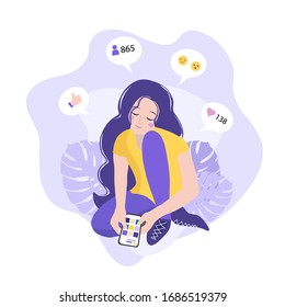 Teenager girl chatting social media network, reading online book, viewing feed news. Smartphone digital addict vector. social networking addiction