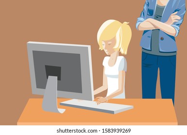 Teenager girl at the computer, parental control