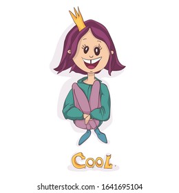 Teenager girl in the crown. Vector illustration with a hand-drawn girl in a sweatshirt, leggings, socks, with garnet-colored hair and with a crown on her head. Character in cartoon style.
EPS-10