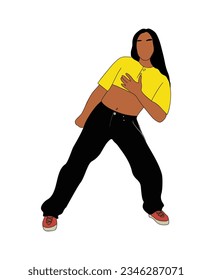 Teenager girl dancer hip hop, breakdance outline vector drawing isolated on white background. Cool young woman dancing street dance in bright clothes. Korean japanese asian cartoon style