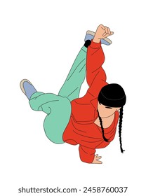 Bailarina adolescente hip hop, breakdance contorno de color dibujo de Vector sobre fondo blanco. Joven mujer cool bailando boceto de baile de la calle. Coreano japonés asiático estilo de línea delgada.