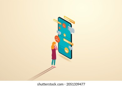 Teenager girl in depression Mental stress from messages on social networks The concept of online bullying in smartphones. isometric vector illustration.