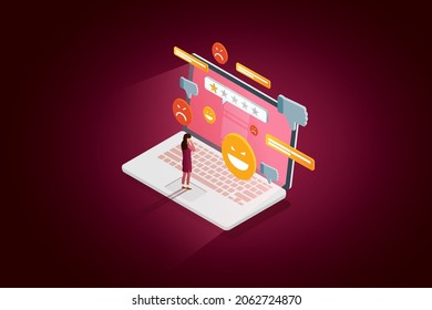 Teenager girl in depression Mental stress from messages on social networks The concept of online bullying in Laptop. isometric vector illustration.