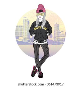 teenager girl dressed up in urban style, fashion illustration