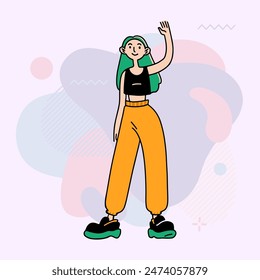 Adolescente con el pelo verde agitando la mano. Mujer joven con estilo en Ilustración vectorial plana de uso informal. Gesto, saludo, concepto de moda para el Anuncio, diseño de Sitio web o página de destino