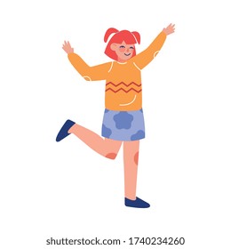 Teenager Girl Happily Jumping, Emotional Schoolgirl in Casual Clothes Having Fun Vector Illustration