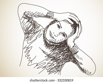 Teenager girl holding her head, Vector sketch, Hand drawn illustration