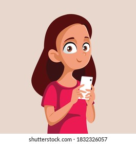 Teenager Girl Holding Smartphone Vector Cartoon. Female adolescent using mobile phone for entertainment and streaming
