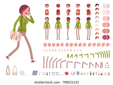 Teenager girl in a hoodie and pants, with shoulder bag. Character creation set. Full length, different views, emotions and gestures. Build your own design. Vector illustration