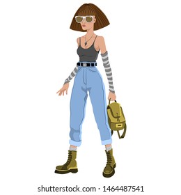Teenager girl in jeans t-shirt backpack vector glasses