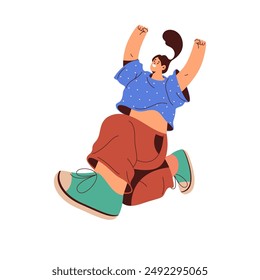 Teenager girl jumping or dancing from excitement and joy. Vector flat cartoon character raising hands up and smiling. Happy and cheerful woman moving and gesturing, expressing emotions