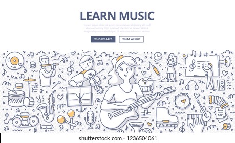 Teenager girl learn music by playing guitar. Children with various musical instruments on music lesson. Doodle concept of learning music for web banner, hero images and printing materials