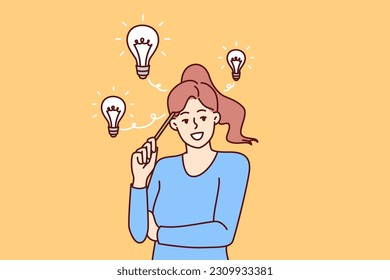 Teenager girl with light bulbs over head comes up with idea and holds pencil near temple. Smart schoolgirl comes up with idea for essay wishing to apply for educational grant at university