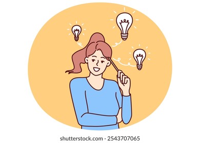 Teenager girl with light bulbs over head comes up with idea and holds pencil near temple. Smart schoolgirl comes up with idea for essay wishing to apply for educational grant at university
