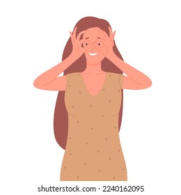 Teenager girl making hands glasses. People in funny cheerful mood vector illustration
