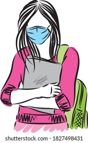 TEENAGER girl with mask STUDENT WOMAN VECTOR ILLUSTRATION