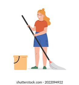 Teenager girl with a mop and a bucket. The girl helps with the household. The child washes the floor. Flat vector cartoon illustration isolated on white background