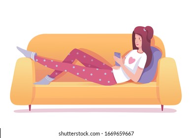 Teenager girl networking lying on sofa isolated on white. Young woman wearing pajamas chatting social media network, reading online book, viewing feed news. Smartphone zombie or digital addict vector