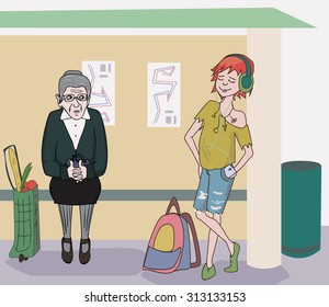 teenager girl and old woman at bus stop