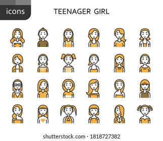 Teenager girl outline color icons set, 64x64 pixel perfect