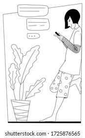 Teenager girl with phone in her hand chatting with her friends at home leaning against the wall. Black and white vector illustration line style