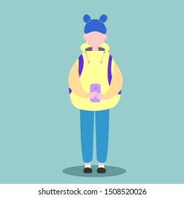 Teenager girl with phone vector illustration.