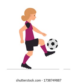 Teenager girl playing football, little girl kicks a soccer ball vector illustration in cartoon style