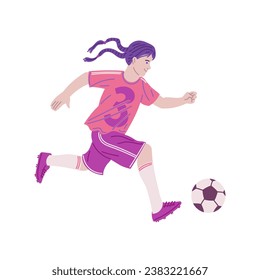Teenager girl playing football, vector illustration isolated on white background. Young woman in shorts and boots runs after soccer ball. Bright color image, drawn in cartoon flat style