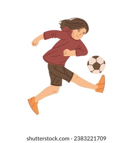 Teenager girl playing football, vector illustration isolated on white background. Young woman in shorts and boots kicks soccer ball. Bright color image, drawn in cartoon flat style