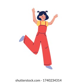 Teenager Girl in Red Overalls Happily Jumping, Excited Schoolgirl Having Fun Vector Illustration